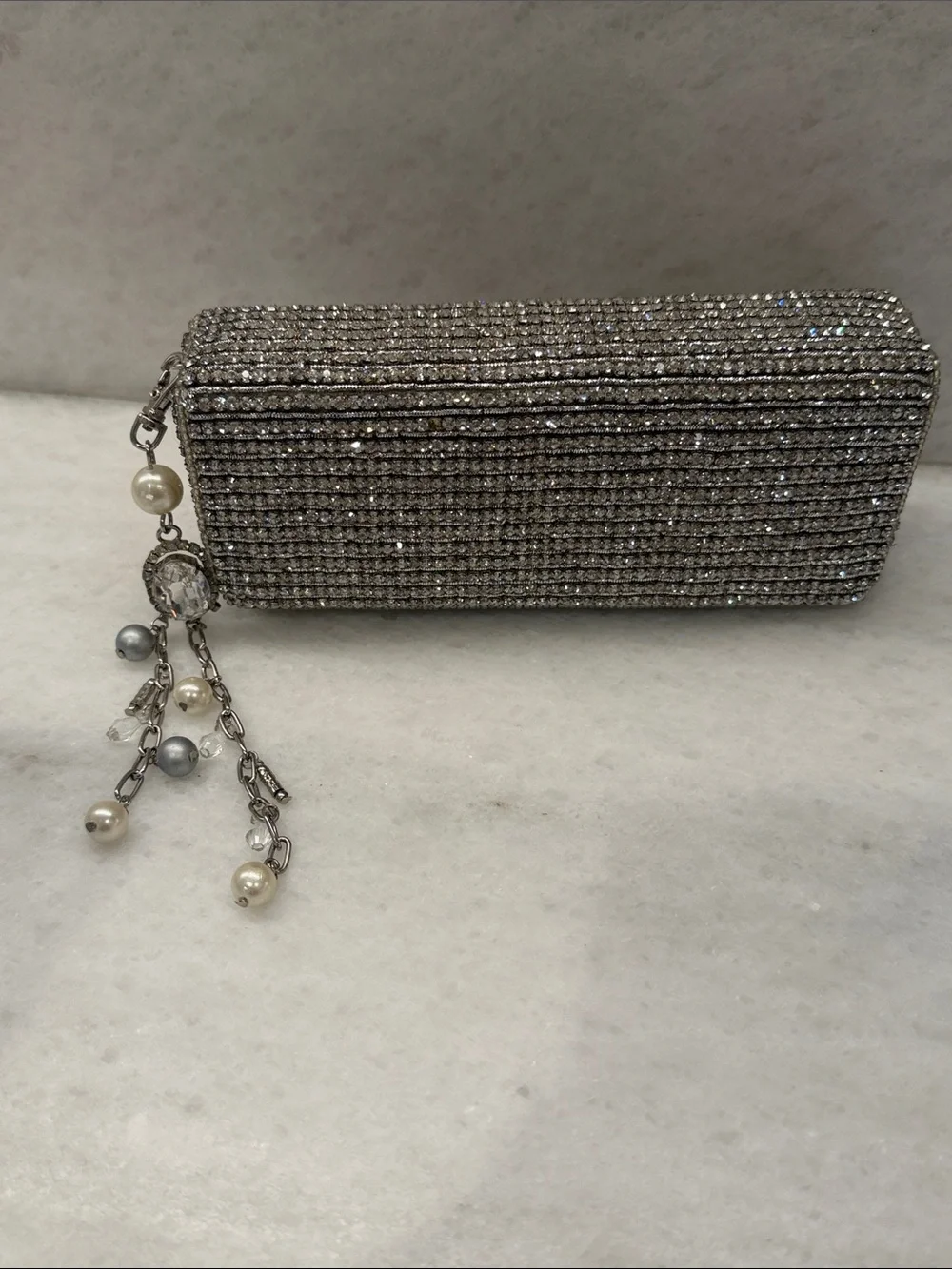Silver Crystal Evening Clutch with Pearl Tassel